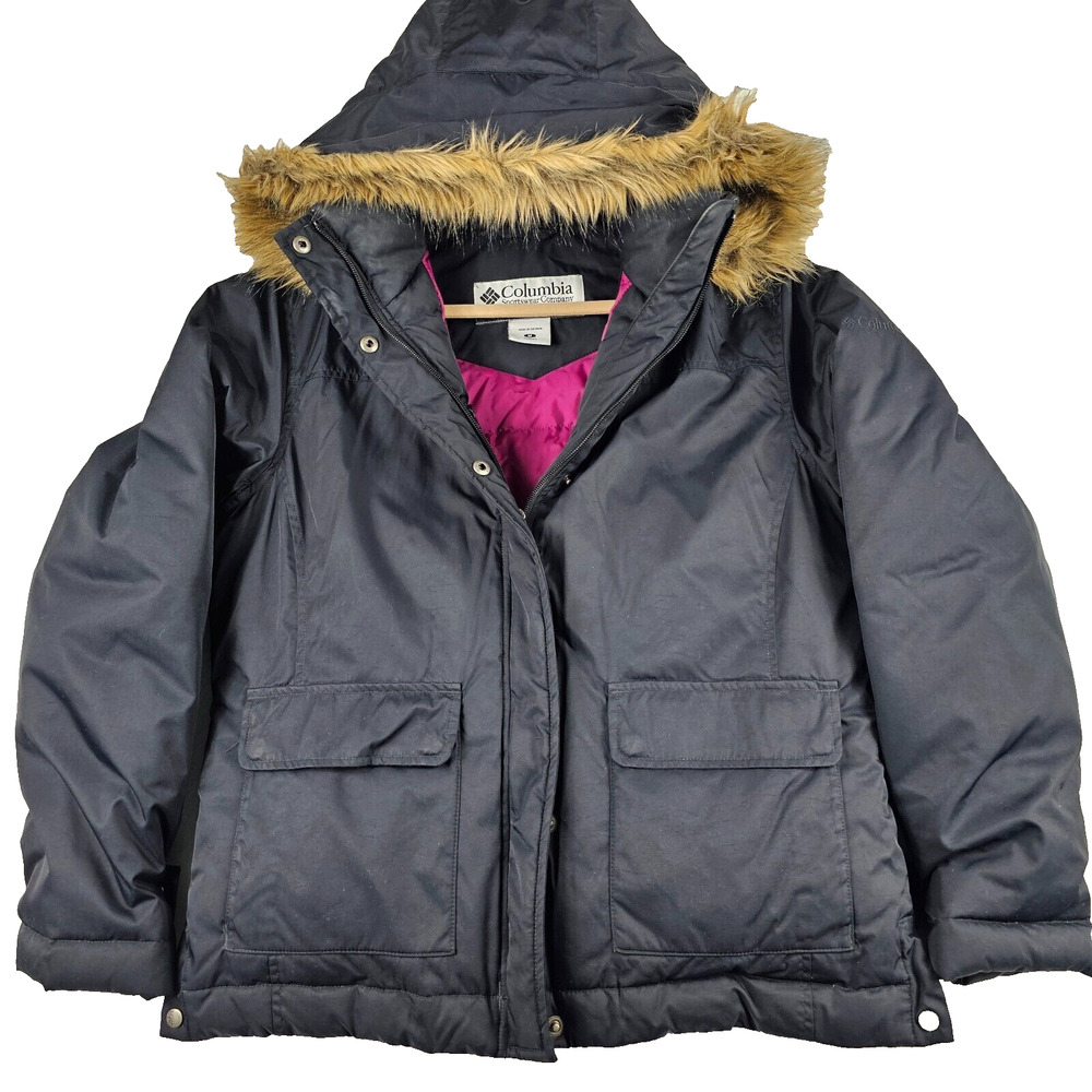 Women's Columbia Puffer Jacket M Down Feather Fill Black Coat Faux Fur Hood